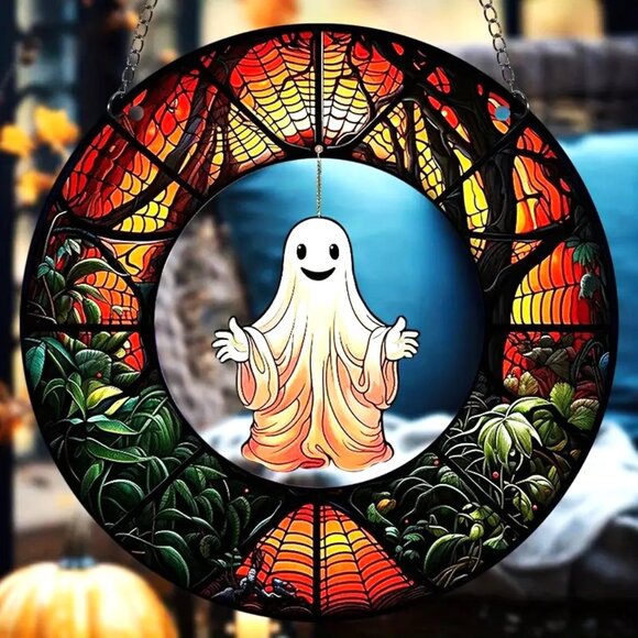 Halloween Ghost Suncatcher  Spider Web Scary Spooky Horror Hanging In/Outdoor - Picture 1 of 3